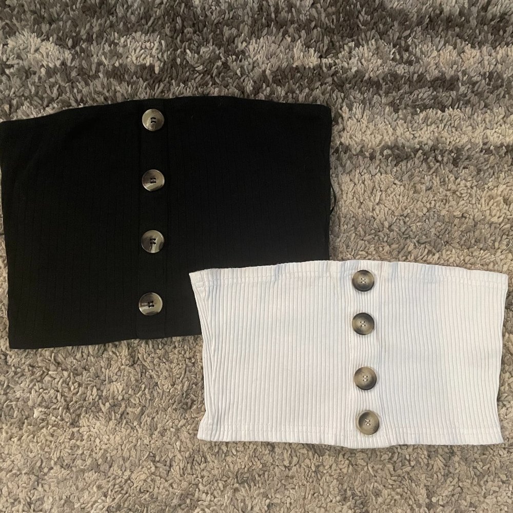 2pc Bundle Black White Ribbed Crop Cropped Tube Top Button Shirts Womans Small
